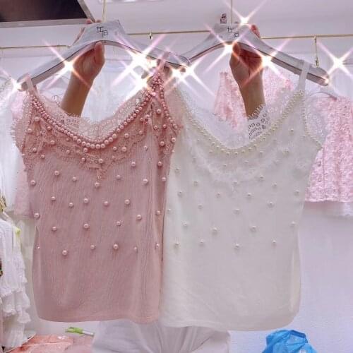 Sexy Camisole Tank Top for Women 2020 Summer New Heavy Beaded Lace Elastic Thin Knitted Tops Female Slim Fit White Pink Shirt