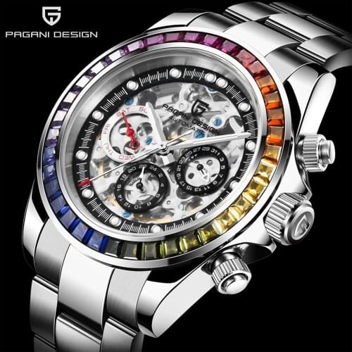 PAGANI DESIGN Rainbow Bezel Hollow Dial Mechanical Watches Top Luxury 100M Waterproof Mens Clock Stainless Steel Automatic watch