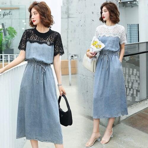 New Summer Women Dresses Casual Collect Waist Slim Pockets Short Sleeve Lace Patchwork Jeans Dress For Females Denim One-Piece