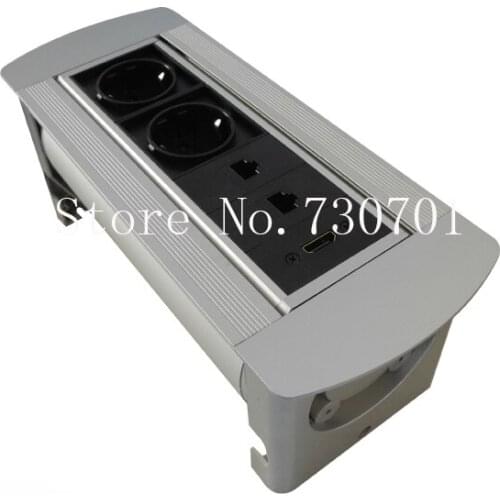 2019 New Conference Tabletop Hidden Manual Rotating Power Sockets with EU Power HDMI for Office Furniture silver/black