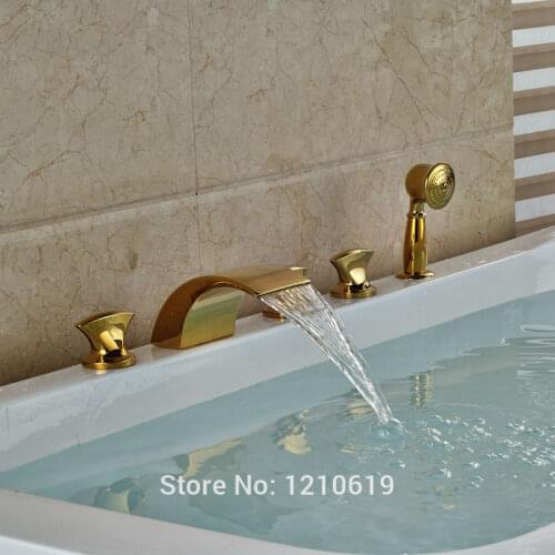 Newly Gold Plate Bathtub Faucet Set Deck Mount 5Pcs Waterfall Shower Tub Faucet Mixer Tap Three Handles