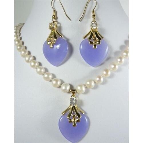 Charm 7-8mm white pearl necklace 17"& purple heart jades earring pendant