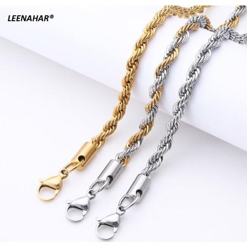 Lot Of 3PCS Hip Hop Rope Chain Necklace Twisted Gold Plated Stainless Steel Punk Mens Braid Necklace Chain Wholesale