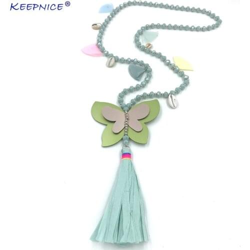 2019 New Handmade Bohemia Jewelry crystal beaded chain butterfly Pendant Necklace Long Fringe Tassel pendant necklace