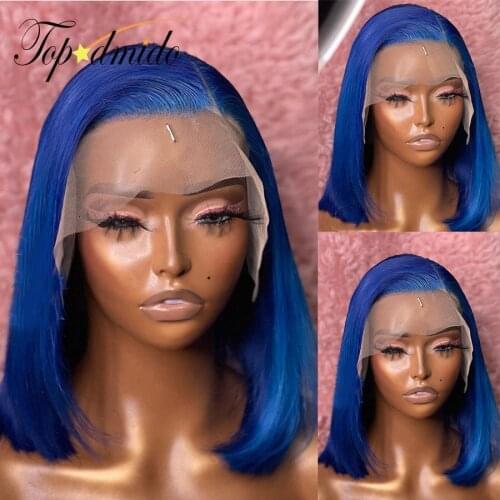 TOPODMIDO Blue Color 4x4 Closure Human Hair Wigs with Side Part Brazilian Remy Hair Short Bob Wig Glueles 13x6x1 Lace Front Wigs