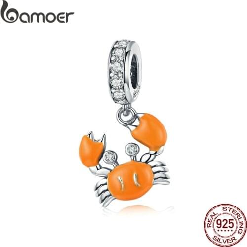 BAMOER Summer Crab Charms for Women Jewelry Making Sterling Silver Enamel Charm fit Silver European Snake Bracelet 3mm BSC076