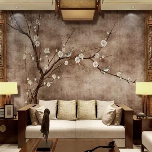 Custom wallpaper modern Chinese retro plum TV background wall painting decoration - high-grade waterproof material