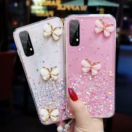 Luxury Cute Bling Glitter Lanyard Silicone Phone Case For Realme 7 6 5 i X7 Pro X2 XT X 3 X50 C15 C11 Ultra-thin Strap Cover