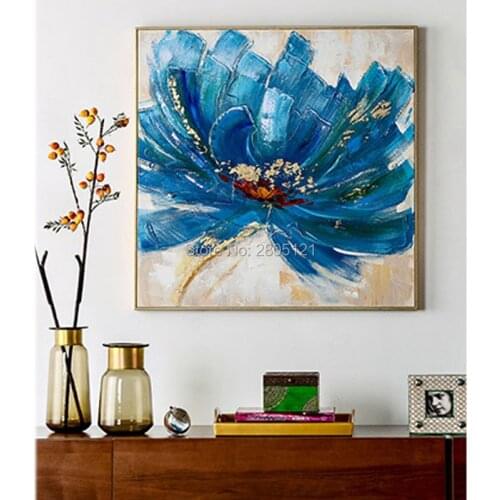 Hand painted floral Oil Painting On Canvas blue flower Wall Art square Wall Pictures For Living Room Home Decorative art piece