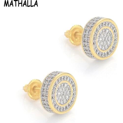 MATHALLA Hip Hop Rock Jewelry Earrings Gold High Quality Cold Micropavé CZ Stone Stud Earrings with Screw Back Mens Womens