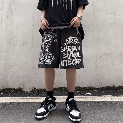 Summer INS Harajuku Style Statue Women Casual Fashion Shorts Letter Printing Street Trend Men Loose Straight Five-Point Pants