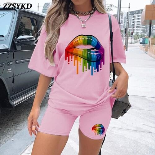 Summer woman pants Two Piec Set Lips print T Shirts And Shorts Short Sleeve O-neck Casual Joggers Biker Shorts Outfit For Woman