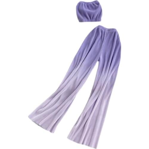 New Spring Summer Women Sets Streetwear Sexy Tube Top And Gradient Color High Waist Pleated Wide Leg Long Pants Two Piece Set