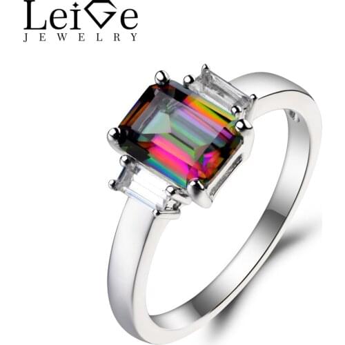 Leige Jewelry Promise Ring Mystic Topaz Ring Rainbow Topaz Ring Emerald Cut Rainbow Gemstone Solid 925 Sterling Silver Ring