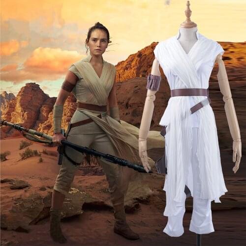 Star Wars: The Rise of Skywalker Rey Cosplay Costume for Adult White Outfit Halloween Carnival Christmas Top Pants