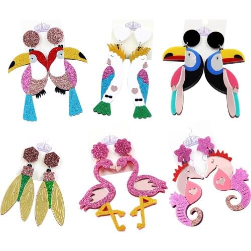 1pair) Acrylic Animal Earrings Pink Cackatoo Bird Cicada Dangle Earring Flamingo Cockatoo Toucan Seahorse Earrings
