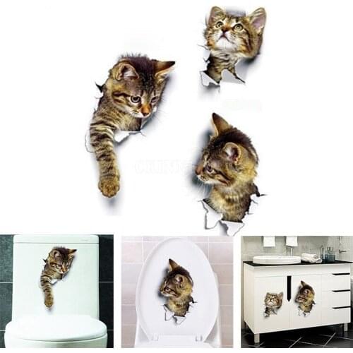 500Pcs/Lot Home Decor Cats 3D Wall Stickers Hole View Toilet Sticker Cat Decoration PVC Wall Decals Removable Art Wallpapers