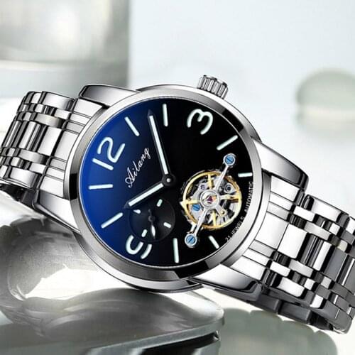 AILANG Commander hombres correa de reloj de cuero automático auto-viento mecánico reloj de pulsera Steel belt military watch