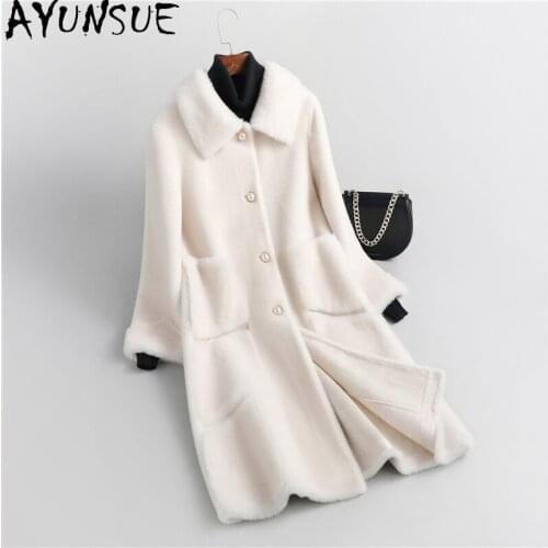 AYUNSUE Korean Elegant Real Sheep Shearling Overcoat Women Autumn 2021 Winter Fur Coat Female Wool Jacket Casaco Feminino Gxy457