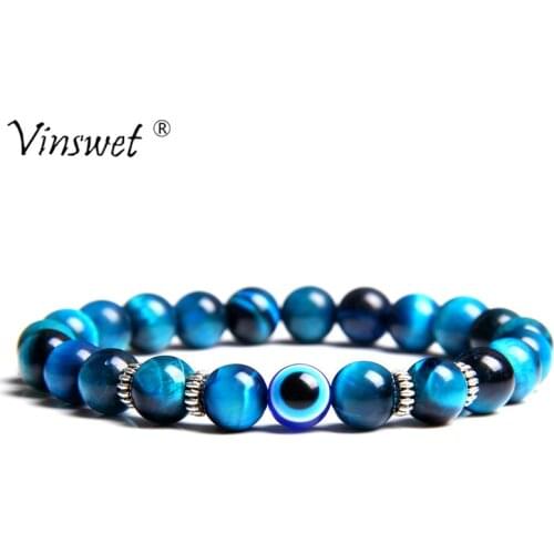 Men Bracelets Evil Eye Bracelet For Women Natural Polished Stone Beads Bracelets Men Blue Tiger Eye Pulsera Erkek Bileklik Homme