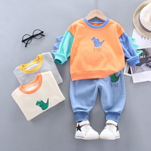 Childrens Suit Baby Long-Sleeved Boy Clothing Cartoon Dinosaur Color Matching Sleeves + Pants 2-Piece Set 1-3 Years Old
