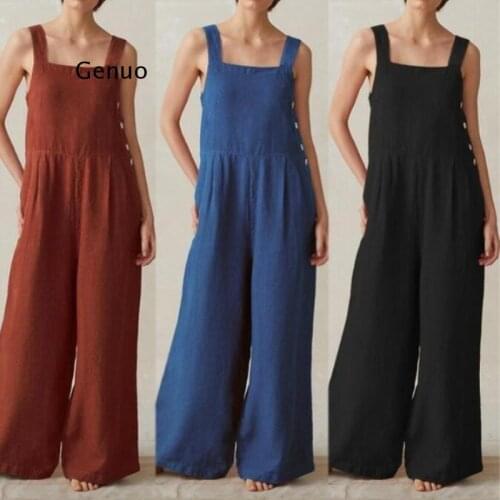Women Suspender Rompers Overalls 2021 Vintage Cotton Linen Side Buttons Wide Leg Jumpsuits Plus Size 5XL