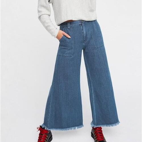 High Waist Elegant Denim Bell Bottom Jeans Ladies Workwear Button Zipper Women Wide Leg Pants