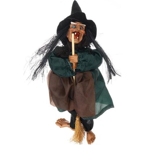 Halloween Decoratice Witch Dolls Voice Control Prop Animated Ghost Scary Riding Broom Wall Hanging Party Home Decoration Toy