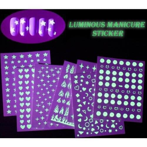 HNUIX 1Sheet 3D Luminous Nail Stickers Flame Star Heart Moon Summer Design Glow in Dark Neon Green Sliders Manicure Decorations