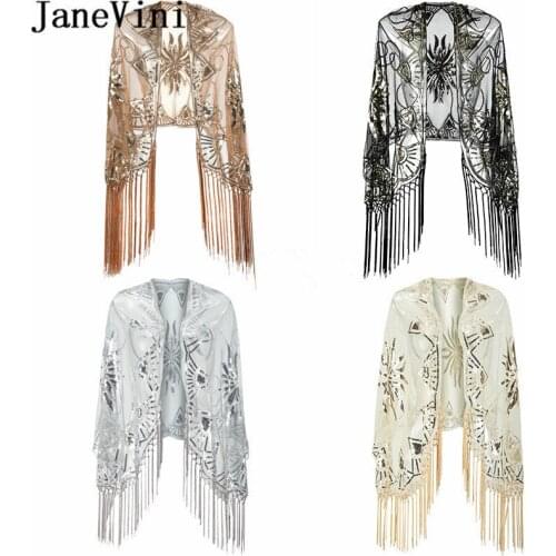 JaneVini 2020 Bling Black Gold Sequins Shawls Wraps Bridal Bolero Long Tassels Beaded Short Cape Shrugs for Wedding Accessories
