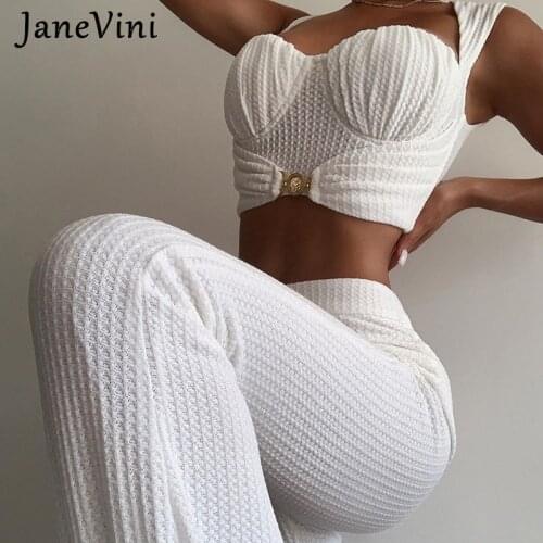 JaneVini Knitted Sexy Women Sleeveless Buckle Tank+Flare Long Pants Two Piece Sets Solid Crop Top Outfit Club Party Matching Set
