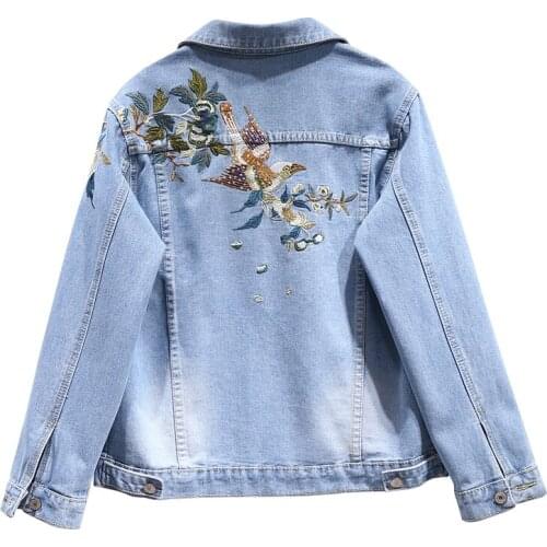 Womens Spring Autumn Long Sleeve Bird Embroidery Slim Short Blue Denim Jacket Female Elastic High Waist Plus Size Outwear TB426