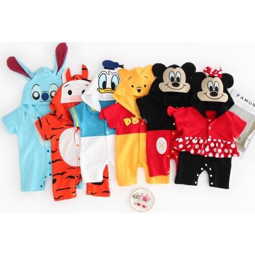 Baby Summer Clothes Jumpsuit Baby Romper Animal Tiger Mickey Minnie Short Sleeve Costume Newborn Girl Boy Clothes Hooded Outfits