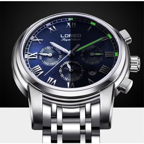 LOREO Mens Mechanical Watches Automatic Self Winding Wristwatches Moon phase Luminous waterproof Business Clock Relogio 2019