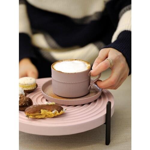 SWEETGO Frosted Ceramic Cups Blue/White/Pink 250ml French Decorating Coffee Cup 13.5cm for Milk Tea Drinking Utensils Saucer