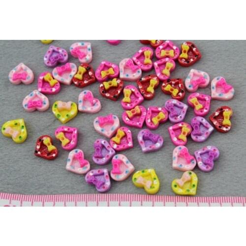 200pcs polka Dots Bow mini resin Heart Beads kitsch kawaii Cabochon mixed Colors 13mm