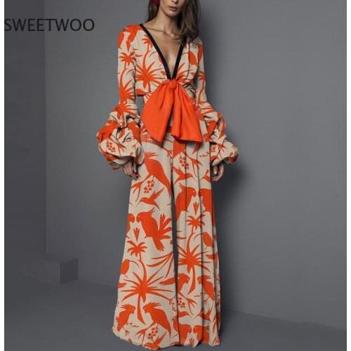 Fashion Women Lantern Sleeve Print Jumpsuits Sexy V-Neck Boho Wide Leg Jumpsuits Bohemian Lady Long Sleeve Summer Beach Overalls
