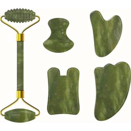 Natural Stone Jade Roller Guasha Board Set Facial Massager Gouache Scraper Real Stone Face Roller Guasha Massage Board