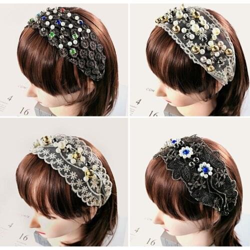 2021 New Girl Lace Hair Band European and American Style Lace Pearl Hairband Lace Super Flash Diamond Elastic Hair Accessories