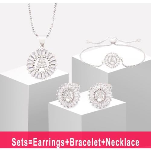Top Selling 26 Letters Jewelry Sets Necklace+Earrings+Bracelet For Women Initial Alphabet Fashion Copper Zircon Party Gifts
