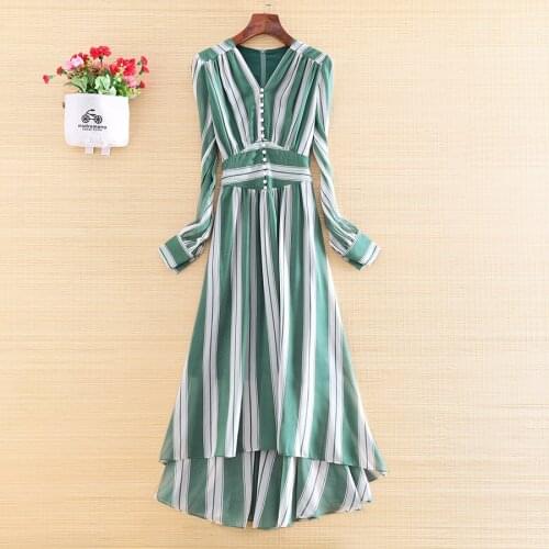 Hi-end Spring And Summer 2020 Women Striped Dress Elegant Lady Slim V-neck A-line Party Dress S-XXL