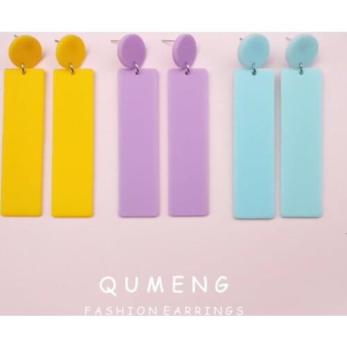 QUMENG korean Simple geometry fashion earrings elegant rectangular acrylic Rubber paint earrings for woman candy color jewelry