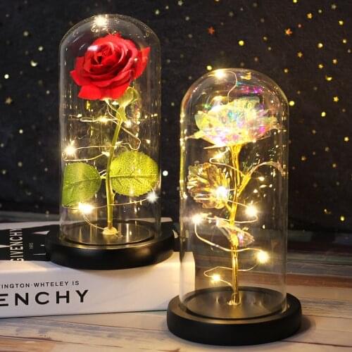 6 Colour Beauty And The Beast Red Rose In A Glass Dome On A Wooden Base For Valentines Gifts LED Rose Lamps Christmas