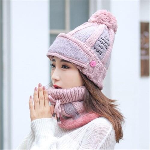 2019 Wool Knitted Thick Winter Pompom Skullie Beanie Ring Mask Sets Women Cap Hat Scarf Neck Ear Warm Fashion Accessories-CGC-W7