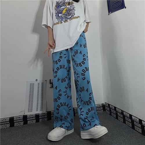 Trend Men Loose Casual Straight-Leg Pants Autumn Women New INS Harajuku Style Super Fire Round English Letter Printed Trousers