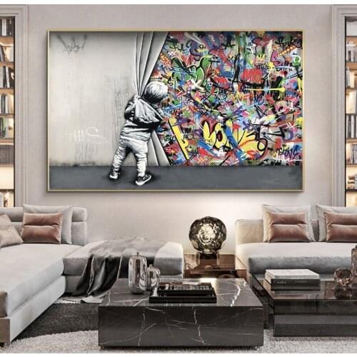 Street Graffiti Lover Behind The Curtain Modern Canvas Art Posters and Prints on the Wall Pictures For Home Decoration