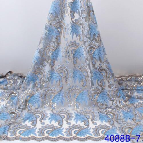 XIYA Light Blue French net Laces STONES Velvet Fabric Fabrics High Quality Tulle African Laces Fabric Nigerian Wedding 4088B