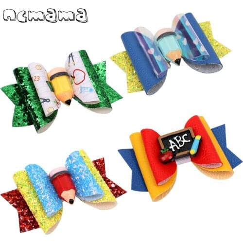 Ncmama 3" Resin Pencil Glitter Hair Bows for Girls Back to School Handmade Stacked Bowknot Hair Clips Hairpin Cute Headwear