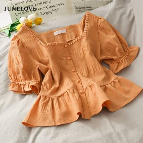 JuneLove Women Summer Blouses New Chiffon Shirt Female Ruffles Square Collar Pearl Buckle Solid Vintage Fashion Casual Slim Tops