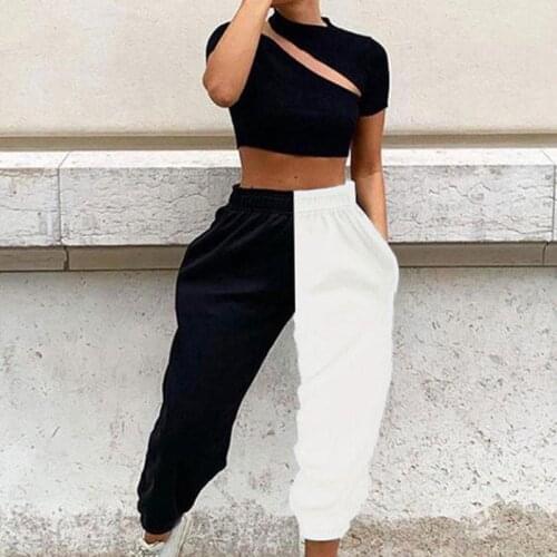Women Contrast Color Patchwork Pants Streetwear Drawstring High Waist Sport Trousers Female Summer Casual Loose Harem Sweatpants